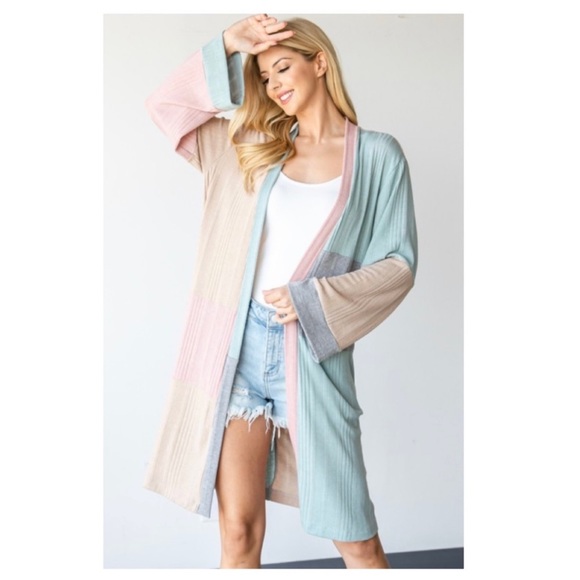 New Longline Color Block Open Style Cardigan With Bell Sleeves - Picture 3 of 8